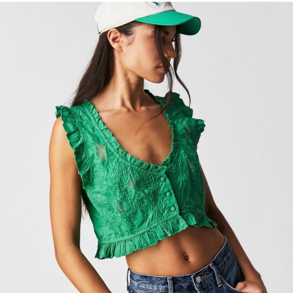 Free People All The Ways emerald green button down crop top ruffles mesh floral